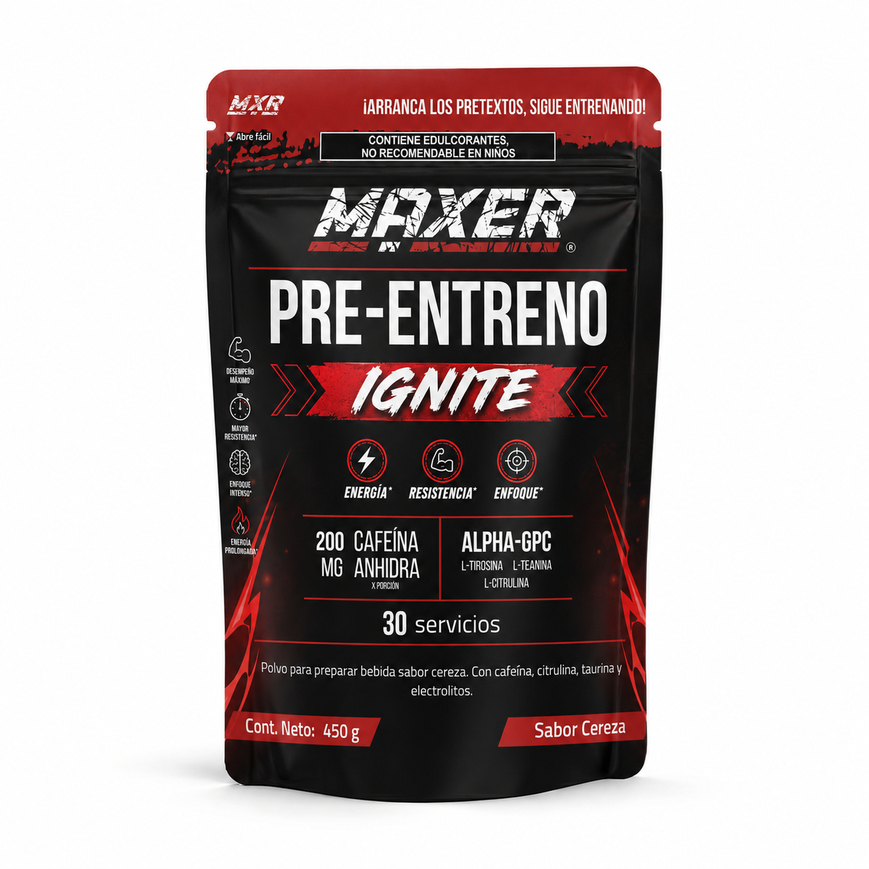 MAXER Pre-Entreno IGNITE – Sabor Cereza | 30 servicios